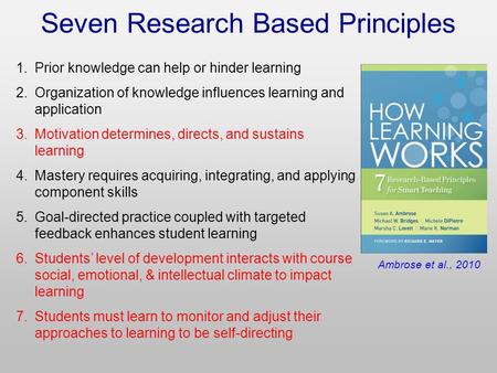 Seven Research Based Principles 1.Prior knowledge can help or hinder learning 2.Organization of knowledge influences learning and application 3.Motivation.