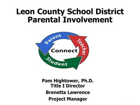 Leon County School District Parental Involvement Pam Hightower, Ph.D. Title I Director Brenetta Lawrence Project Manager 1.