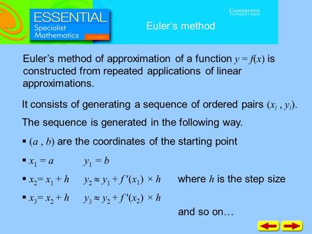 Euler’s method and so on… Euler’s method of approximation of a function y = f(x) is approximations. constructed from repeated applications of linear It.