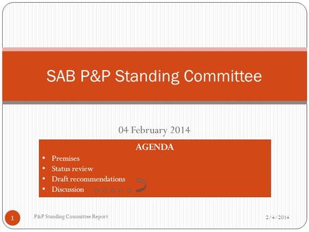 04 February 2014 SAB P&P Standing Committee AGENDA Premises Status review Draft recommendations Discussion 2/4/2014 P&P Standing Committee Report 1.