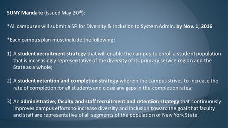 SUNY Mandate (issued May 20 th ): *All campuses will submit a SP for Diversity & Inclusion to System Admin. by Nov. 1, 2016 *Each campus plan must include.