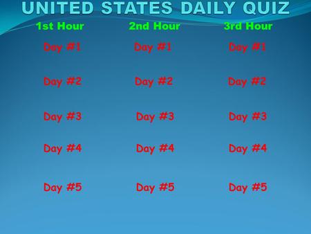 1st Hour2nd Hour3rd Hour Day #1 Day #2 Day #3 Day #4 Day #5 Day #2 Day #3 Day #4 Day #5.