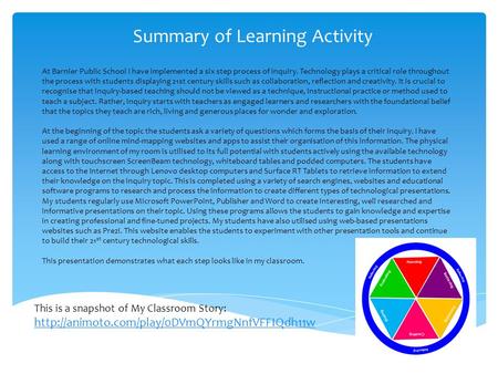 Summary of Learning Activity At Barnier Public School I have implemented a six step process of inquiry. Technology plays a critical role throughout the.