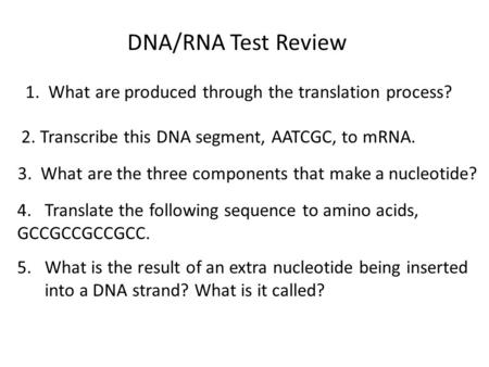 DNA/RNA Test Review 1. What are produced through the translation process? 2. Transcribe this DNA segment, AATCGC, to mRNA. 3. What are the three components.