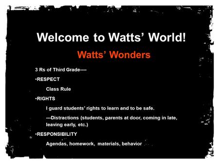 Welcome to Watts’ World! Watts’ Wonders 3 Rs of Third Grade---- RESPECT Class Rule RIGHTS I guard students’ rights to learn and to be safe. ---Distractions.