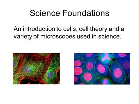 Science Foundations An introduction to cells, cell theory and a variety of microscopes used in science.