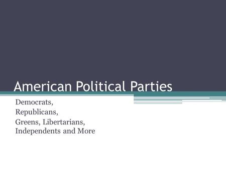 American Political Parties Democrats, Republicans, Greens, Libertarians, Independents and More.