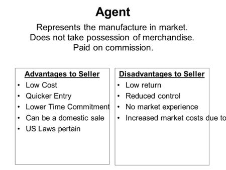 Agent Advantages to Seller Low Cost Quicker Entry Lower Time Commitment Can be a domestic sale US Laws pertain Disadvantages to Seller Low return Reduced.