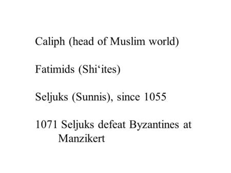 Caliph (head of Muslim world) Fatimids (Shi‘ites) Seljuks (Sunnis), since Seljuks defeat Byzantines at Manzikert.