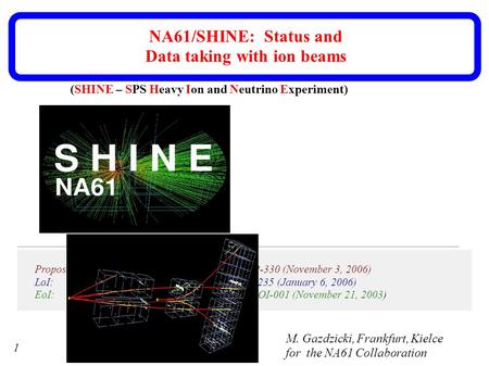 1 NA61/SHINE: Status and Data taking with ion beams Proposal: CERN-SPSC , SPSC-P-330 (November 3, 2006) LoI: CERN-SPSC , SPSC-I-235 (January.