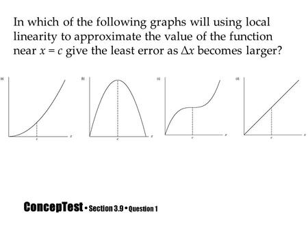 ConcepTest Section 3.9 Question 1 In which of the following graphs will using local linearity to approximate the value of the function near x = c give.