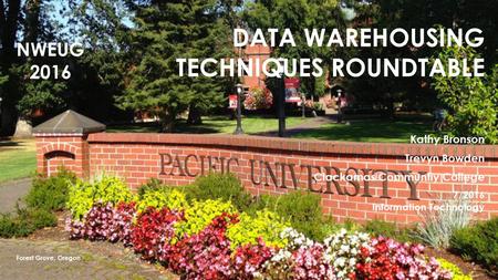 DATA WAREHOUSING TECHNIQUES ROUNDTABLE Kathy Bronson Trevyn Bowden Clackamas Communtiy College 7/2016 Information Technology Forest Grove, Oregon NWEUG.