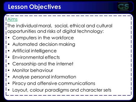 Lesson Objectives Aims The individual moral, social, ethical and cultural opportunities and risks of digital technology: Computers in the workforce Automated.