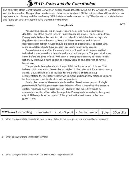 HAT: States and the Constitution Interact MTT The delegates at the Constitutional Convention quickly realized that throwing out the Articles of Confederation.