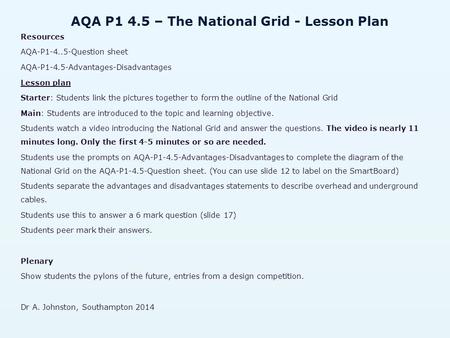 AQA P1 4.5 – The National Grid - Lesson Plan Resources AQA-P Question sheet AQA-P1-4.5-Advantages-Disadvantages Lesson plan Starter: Students link.