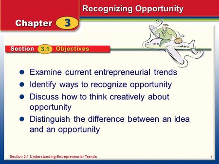 Recognizing Opportunity 1 Examine current entrepreneurial trends Identify ways to recognize opportunity Discuss how to think creatively about opportunity.