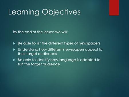 Learning Objectives By the end of the lesson we will:  Be able to list the different types of newspapers  Understand how different newspapers appeal.