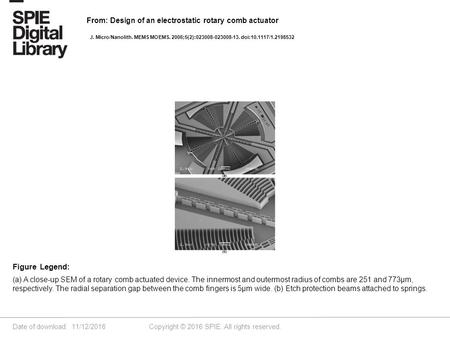 Date of download: 11/12/2016 Copyright © 2016 SPIE. All rights reserved. (a) A close-up SEM of a rotary comb actuated device. The innermost and outermost.