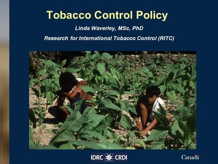 Tobacco Control Policy Linda Waverley, MSc, PhD Research for International Tobacco Control (RITC) Insert your image here.