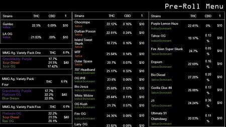 Pre-Roll Menu. Discounted Flower Strains Menu Indica & Hybrid Flower Menu.