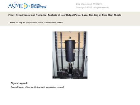 Date of download: 11/12/2016 Copyright © ASME. All rights reserved. From: Experimental and Numerical Analysis of Low Output Power Laser Bending of Thin.