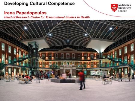 Developing Cultural Competence Irena Papadopoulos Head of Research Centre for Transcultural Studies in Health.