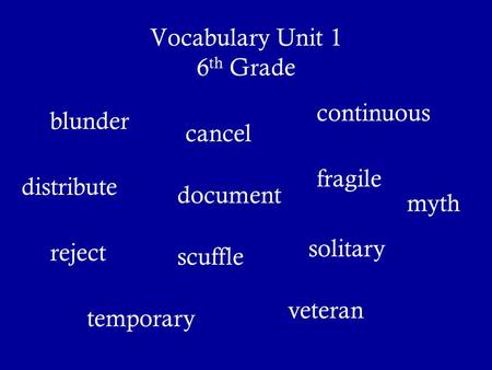 Vocabulary Unit 1 6 th Grade blunder cancel continuous distribute document fragile myth reject scuffle solitary temporary veteran.