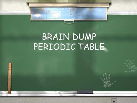 BRAIN DUMP PERIODIC TABLE. / Metals/non-metals/metalloids / Groups/periods / Valence electrons / Most reactive-metals/nonmetals / Most Stable / APEMAN.