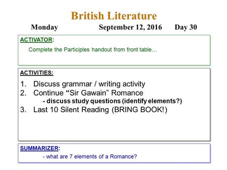 British Literature MondaySeptember 12, 2016 Day 30 ACTIVITIES: 1.Discuss grammar / writing activity 2.Continue “Sir Gawain” Romance - discuss study questions.