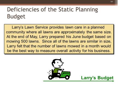 9-1 Larry’s Lawn Service provides lawn care in a planned community where all lawns are approximately the same size. At the end of May, Larry prepared his.