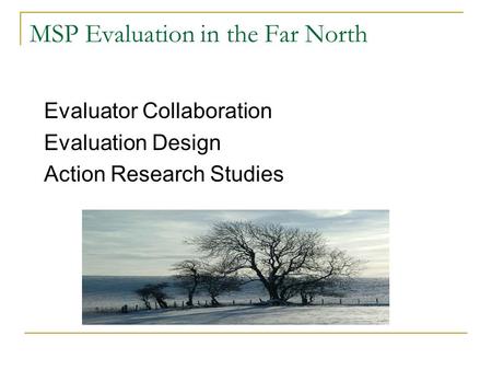 MSP Evaluation in the Far North Evaluator Collaboration Evaluation Design Action Research Studies.