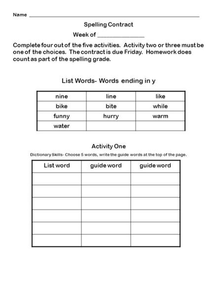 Name _____________________________________________________________________ Spelling Contract Week of ________________ Complete four out of the five activities.