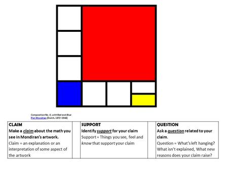 Composition No. II, with Red and Blue Piet MondrianPiet Mondrian (Dutch, 1872–1944) CLAIM Make a claim about the math you see in Mondiran’s artwork. Claim.