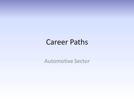 Career Paths Automotive Sector. Career Path: 3 Sub-sectors Auto AUTOMOTIVE R&D AND MANUFACTURING AUTOMOTIVE SALES & SERVICE ROAD TRANSPORTATION Inter-Sector.