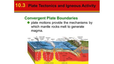 Convergent Plate Boundaries  plate motions provide the mechanisms by which mantle rocks melt to generate magma Plate Tectonics and Igneous Activity.