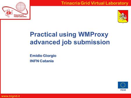 FESR  Trinacria Grid Virtual Laboratory Practical using WMProxy advanced job submission Emidio Giorgio INFN Catania.