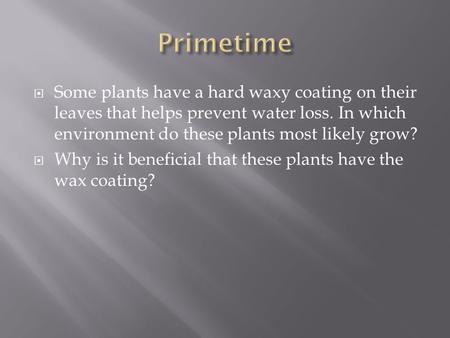  Some plants have a hard waxy coating on their leaves that helps prevent water loss. In which environment do these plants most likely grow?  Why is it.