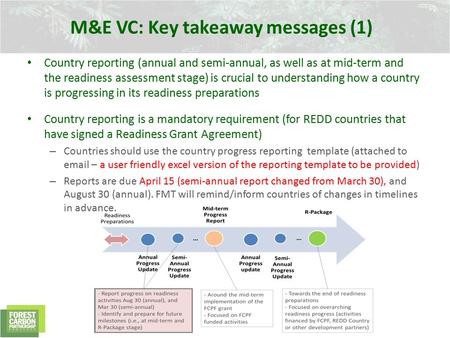 Country reporting (annual and semi-annual, as well as at mid-term and the readiness assessment stage) is crucial to understanding how a country is progressing.