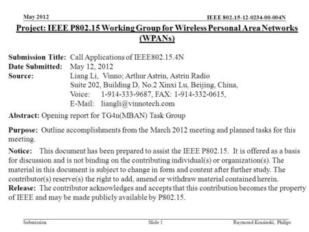 IEEE N Submission Raymond Krasinski, PhilipsSlide 1 Project: IEEE P Working Group for Wireless Personal Area Networks (WPANs)