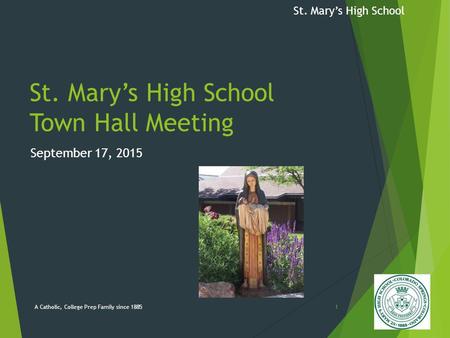 St. Mary’s High School St. Mary’s High School Town Hall Meeting September 17, 2015 A Catholic, College Prep Family since