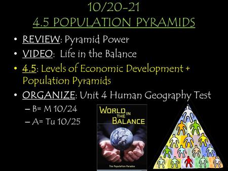 10/ POPULATION PYRAMIDS REVIEW: Pyramid Power VIDEO: Life in the Balance 4.5: Levels of Economic Development + Population Pyramids ORGANIZE: Unit.