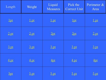 2 pt 3 pt 4 pt 5pt 1 pt 2 pt 3 pt 4 pt 5 pt 1 pt 2pt 3 pt 4pt 5 pt 1pt 2pt 3 pt 4 pt 5 pt 1 pt 2 pt 3 pt 4pt 5 pt 1pt Length Weight Liquid Measures Pick.