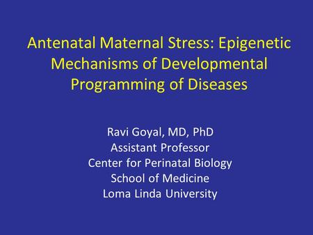 Antenatal Maternal Stress: Epigenetic Mechanisms of Developmental Programming of Diseases Ravi Goyal, MD, PhD Assistant Professor Center for Perinatal.