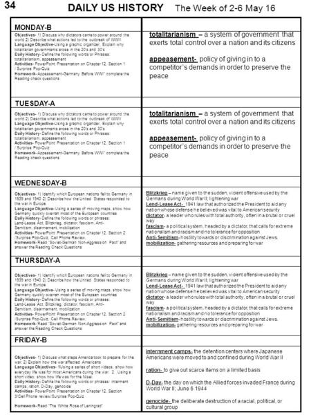 MONDAY-B TUESDAY-A WEDNESDAY-B FRIDAY-B DAILY US HISTORY The Week of 2-6 May THURSDAY-A Objectives- 1) Discuss why dictators came to power around.