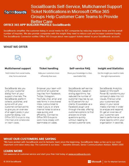 SocialBoards Self-Service, Multichannel Support Ticket Notifications in Microsoft Office 365 Groups Help Customer Care Teams to Provide Better Care OFFICE.