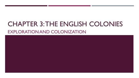 CHAPTER 3: THE ENGLISH COLONIES EXPLORATION AND COLONIZATION.