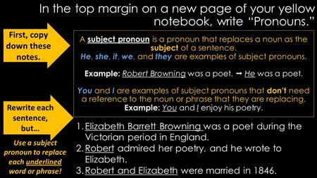 In the top margin on a new page of your yellow notebook, write “Pronouns.” A subject pronoun is a pronoun that replaces a noun as the subject of a sentence.