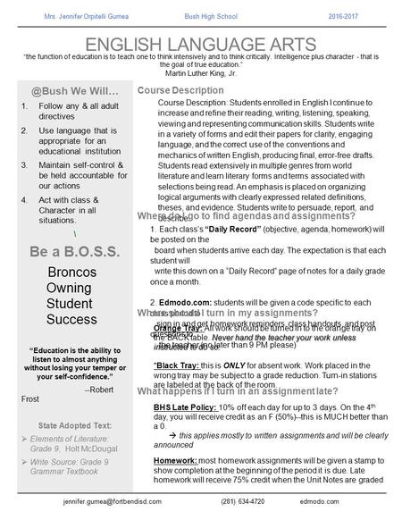 ENGLISH LANGUAGE ARTS “the function of education is to teach one to think intensively and to think critically. Intelligence plus character - that is the.