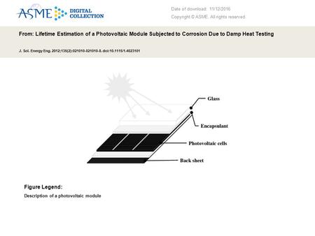 Date of download: 11/12/2016 Copyright © ASME. All rights reserved. From: Lifetime Estimation of a Photovoltaic Module Subjected to Corrosion Due to Damp.