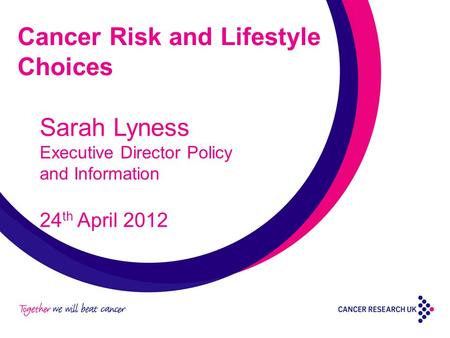 Cancer Risk and Lifestyle Choices Sarah Lyness Executive Director Policy and Information 24 th April 2012.